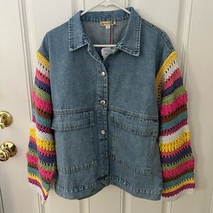 NWT Regina Denim Jacket with Crochet Sleeves